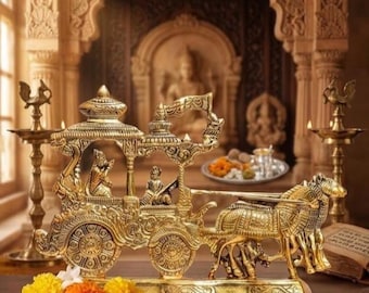 Golden Metal Lord Krishna Arjun Rath Chariot Idol - Decorative Brass Finish Showpiece for Home Decor & Gifting