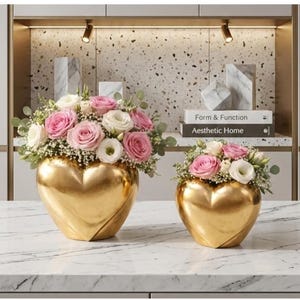 May include: Two heart-shaped gold vases filled with pink and white roses, white eustoma, and baby's breath. The larger vase is on the left and the smaller one is on the right, both featuring a smooth, metallic finish and a rounded, heart-like silhouette.