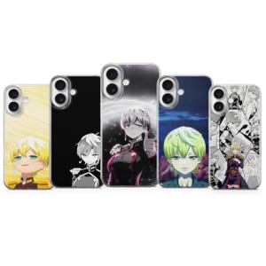 Peut inclure: Cinq coques de smartphone présentant des illustrations de personnages de style anime. Les designs incluent un fond jaune, un fond noir uni, une scène sombre lumineuse, un ciel bleu et un collage de panneaux de manga en noir et blanc.