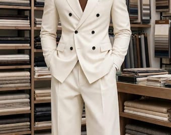 Cream Wide-Leg Double Breasted Suit | Ivory Beige Suit Men | Korean Style Oversized Suit | Modern Wedding Suit for Men | Formal Set