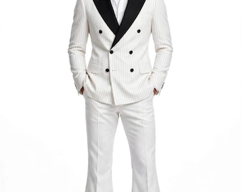 Retro 70s Double Breasted Pinstripe Suit Men | White Black Navy Tuxedo with White Flare Pants | Disco Prom Wedding Groom Suit.