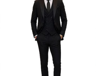 Traje negro de 3 piezas a medida para hombre / Traje de boda negro para novio / Traje formal para hombre / Traje de esmoquin negro / Traje a medida / Traje negro para padrinos de boda