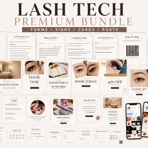 May include: A digital collection of Lash Tech business templates including intake forms, consent forms, price lists, and social media posts. The documents feature a neutral color palette with dark brown text and imagery of eyes with eyelash extensions.