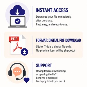 three icons representing instant access, a digital PDF download, and support.