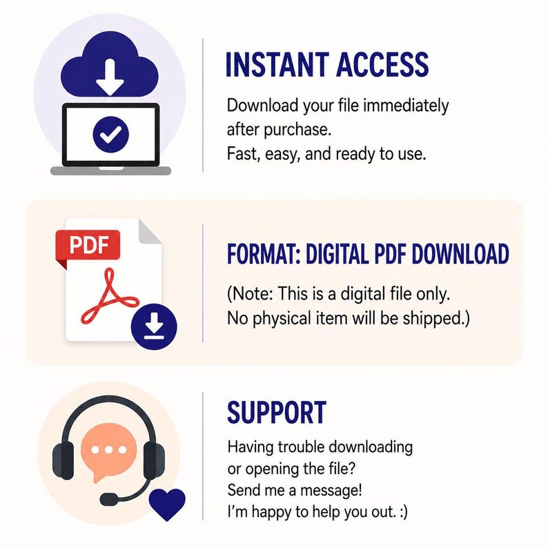 three icons representing instant access, a digital PDF download, and support.