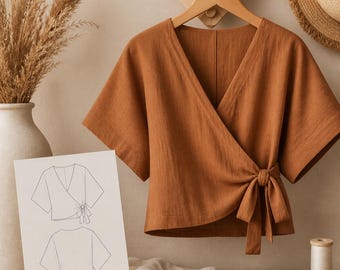 Patrón de costura en PDF para top estilo boho cruzado / Blusa con cuello en V y mangas tipo kimono con nudo (descarga instantánea)