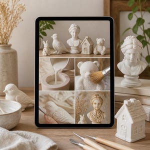Puede incluir: Una pantalla de tableta que muestra un collage de figuras de yeso blanco que incluyen un conejo, un pájaro, un busto, una casa y un oso. El collage muestra el proceso de verter yeso líquido en un molde, pintar un oso y un busto terminado.