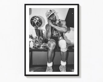 Steph Curry basketbalprint, vintage kunstfotografie, motiverende zwart-wit sporttrofee poster, kunst voor aan de muur in je thuisgym.