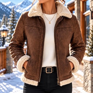 May include: A brown jacket with a cream-colored faux shearling collar, cuffs, and hem. The jacket features a front zipper closure, long sleeves, and two side pockets. It is worn over a white top with a gold necklace and a black belt.
