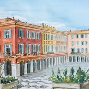 Nizza, Francia (Place Masséna) Stampa originale ad acquerello/Europa/stampa artistica da viaggio/souvenir fatto a mano/regalo da viaggio