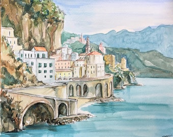 Amalfi Coast, Italy original watercolor giclee print / Europe / travel fine art print/ Handmade souvenir / Travel gift