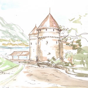 Chillon Castle, Switzerland Original Watercolor Giclee  Print/ Europe / travel fine art print/ Handmade souvenir / Travel gift