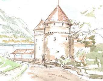 Chillon Castle, Switzerland Original Watercolor Giclee  Print/ Europe / travel fine art print/ Handmade souvenir / Travel gift