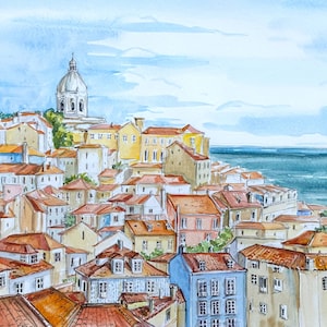 Original watercolor giclee print (HORIZONTAL) Lisbon, Portugal/Cityscape Portugal/ Europe / travel fine art/ Handmade souvenir / Travel gift