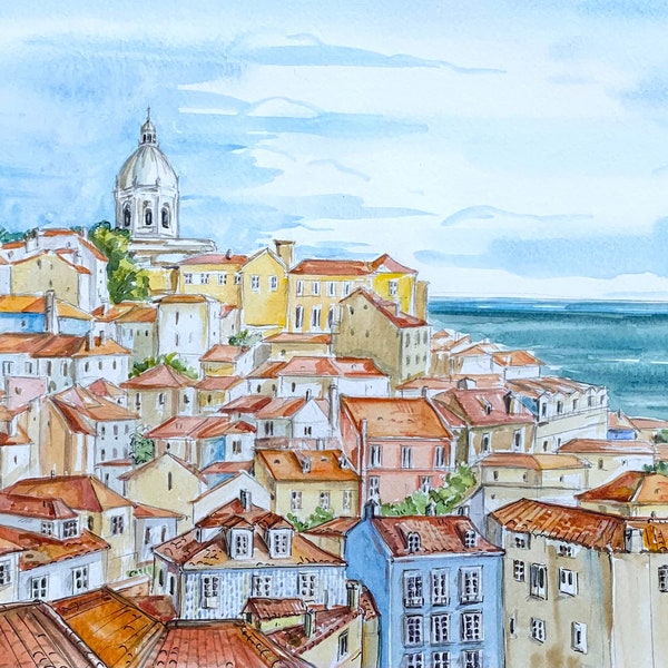 Impression giclée aquarelle originale (HORIZONTAL) Lisbonne, Portugal/Paysage urbain Portugal/Europe/oeuvres d'art de voyage/Souvenir fait main/Cadeau de voyage