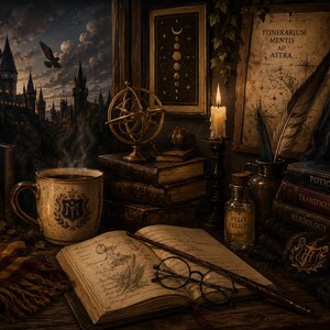 May include: A study desk featuring an open book, round glasses, a wooden wand, a steaming mug with a crest, a candle, armillary spheres, and stacked books labeled Potions, Transfiguration, and Herbology, with a castle view in the background.