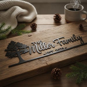 Könnte beinhalten: Ein rechteckiges Holzschild mit einem schwarzen Metall-Ausschnitt eines Baumes auf der linken Seite. Der Text lautet THE Miller Family EST. 2023 in einer Kombination aus Block- und Schreibschrift. Das Schild ist auf einem dunklen Holzbrett montiert.