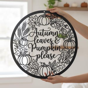 Autumn Leaves and Pumpkin Please Sign, Round Metal Wreath with Wheat Acorns and Script, Kitchen Wall Decor, Fall Hostess Gift for a Friend
