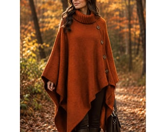 Poncho aus gebrannter Orange für Damen, Rollkragen-Cape, Herbst-Winter-Umhang