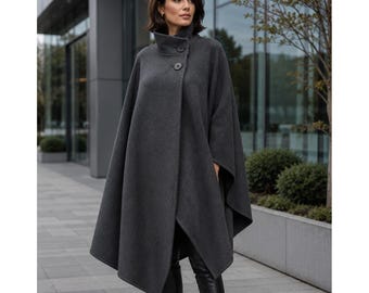 Anthrazitgrauer Wollcape, Damen-Winterponcho, Umhang mit Knopfleiste, elegante, warme Oberbekleidung