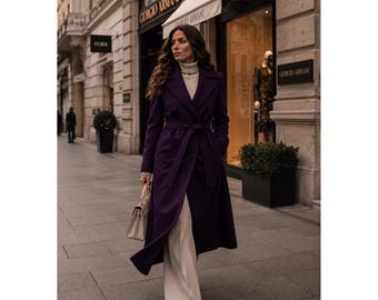 Lila Wollmantel Damen Langer Wintermantel Eleganter Luxusmantel Formelle Oberbekleidung