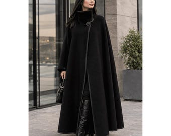 Schwarzer Wollcape-Mantel, Damen-Winterponcho, Umhang mit Knopfleiste, elegante Gothic-Winterbekleidung