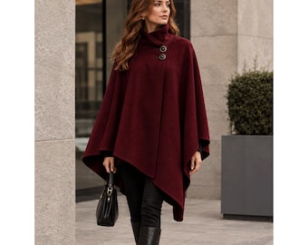 Burgunderfarbener Wollcape-Poncho für Damen, Stehkragen-Cape-Mantel, Winter-Wickelmantel, handgefertigt