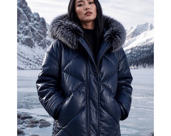 Damen-Leder-Steppjacke, marineblauer Wintermantel, warme Steppjacke mit Pelzkragen