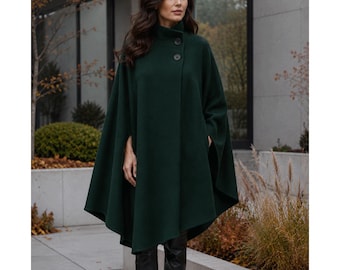 Waldgrüner Wollcape, Damen-Winterponcho, Umhang mit Knopfleiste, elegante, warme Oberbekleidung