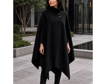 Schwarzer Wollcape-Poncho für Damen, hoher Kragen, Wintercape, eleganter Wickelmantel