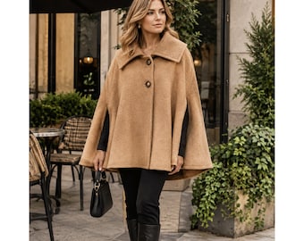 Cape-Mantel aus Kamelwolle, Damen-Winterponcho, Schal mit Knopfleiste, elegante, warme Oberbekleidung