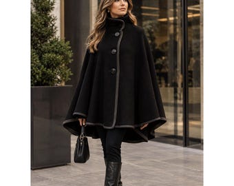Schwarzer Wollponcho, Damen-Wintermantel, Umhang mit Knopfleiste, elegante Gothic-Oberbekleidung