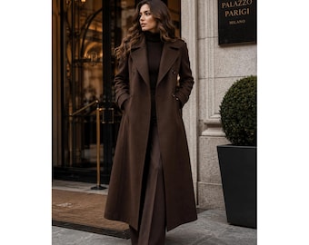 Dunkelbrauner langer Wollmantel für Damen, zweireihiger Wintermantel, eleganter Maximantel