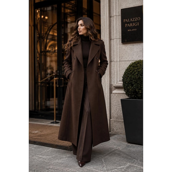 Dark Brown Wool Long Coat for Women, Double Breasted Winter Overcoat, Elegant Maxi Coat