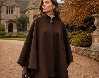 Brauner Wollcape für Damen, eleganter Winterponcho, luxuriöser Wickelmantel, warme Herbstjacke