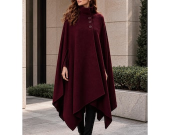 Burgunderfarbener Wollcape-Poncho für Damen, hochgeschlossener Wintercape-Mantel, eleganter Wickelmantel