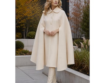 Elfenbeinfarbener Wollcape-Mantel, eleganter Poncho mit Knopfleiste, Winter-Braut-Überwurf