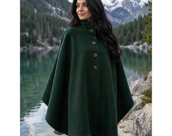 Waldgrüner Wollponcho für Damen, Wintermantel mit Knopfleiste
