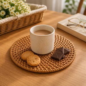 Peut inclure: Une tasse en céramique blanc cassé mouchetée remplie d'une boisson brun clair, posée sur un dessous de verre rond en rotin tressé avec deux biscuits dorés et deux carrés de chocolat noir sur une surface en bois.
