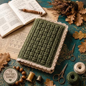 May include: A rectangular book cover featuring a dark olive green crocheted basketweave pattern with a cream-colored scalloped border. The cover is textured and thick, designed to fit over a book, showcasing intricate yarn work and craftsmanship.