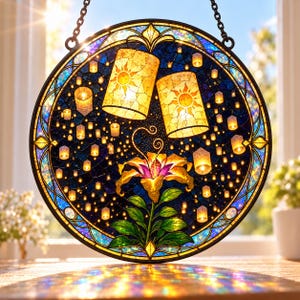 May include: A circular stained glass suncatcher featuring a deep blue night sky filled with numerous glowing yellow floating lanterns. A large, vibrant yellow and purple lily with green leaves sits at the bottom center, framed by a dark metal border.