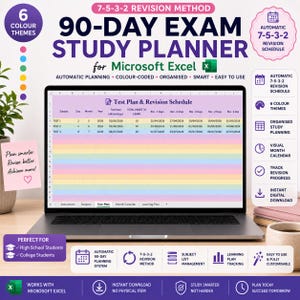 Könnte beinhalten: Ein 90-Tage-Prüfungs-Lernplaner für Microsoft Excel auf einem Laptop-Bildschirm. Die Benutzeroberfläche zeigt einen Testplan und einen Revisionszeitplan mit farbcodierten Zeilen, Spalten für Fächer, Daten und Revisionsintervalle sowie die 7-5-3-2-Methode.