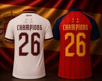 Camiseta de España Campeones 2026, personalizada con nombre y número, para niños y adultos. Regalo ideal para aficionados al fútbol.