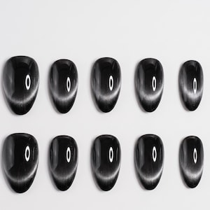 Black Cat Eye Press on Nails, Magnetic Silver Fake Nails, Almond Shape Nails, Solid Handmade Glue On Nails, 10 Pcs Set