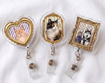Custom Pet Photo Badge Reel, Gold Ornate Frame Personalized Dog Cat Name ID Holder, Retractable Nurse Badge, Multi Pet Keychain Gift
