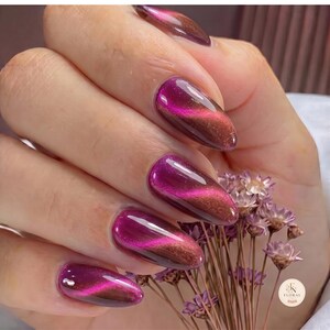 Cat Eye Chrome Almond Nails, Magenta Copper, Magnetic Handmade Glue On (10 Pcs Set)
