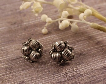 Silver Tone Fluted Ball Cluster Clip Earrings - Vintage