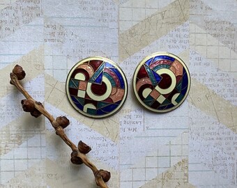 Roman Round Shaped Cloisonne Pierced  Earrings - Vintage 1980s