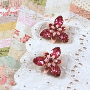 Pink Plastic and Rhinestone Clip Earrings - Vintage