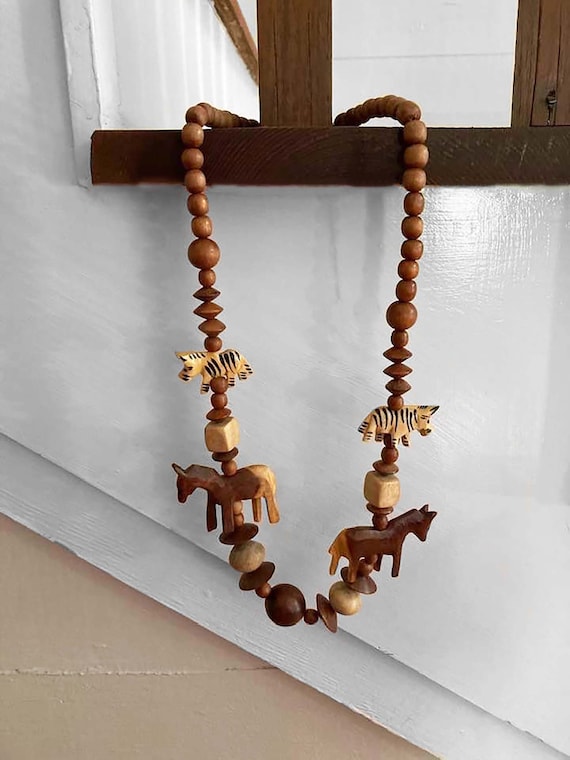 Wooden Animal Tribal Necklace - Vintage 1980s
